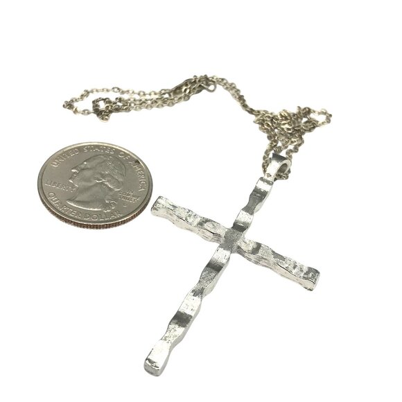 Reversible Silver Cross Pendant on Silver Tone Chain Necklace, One Side Polished - Picture 4 of 5